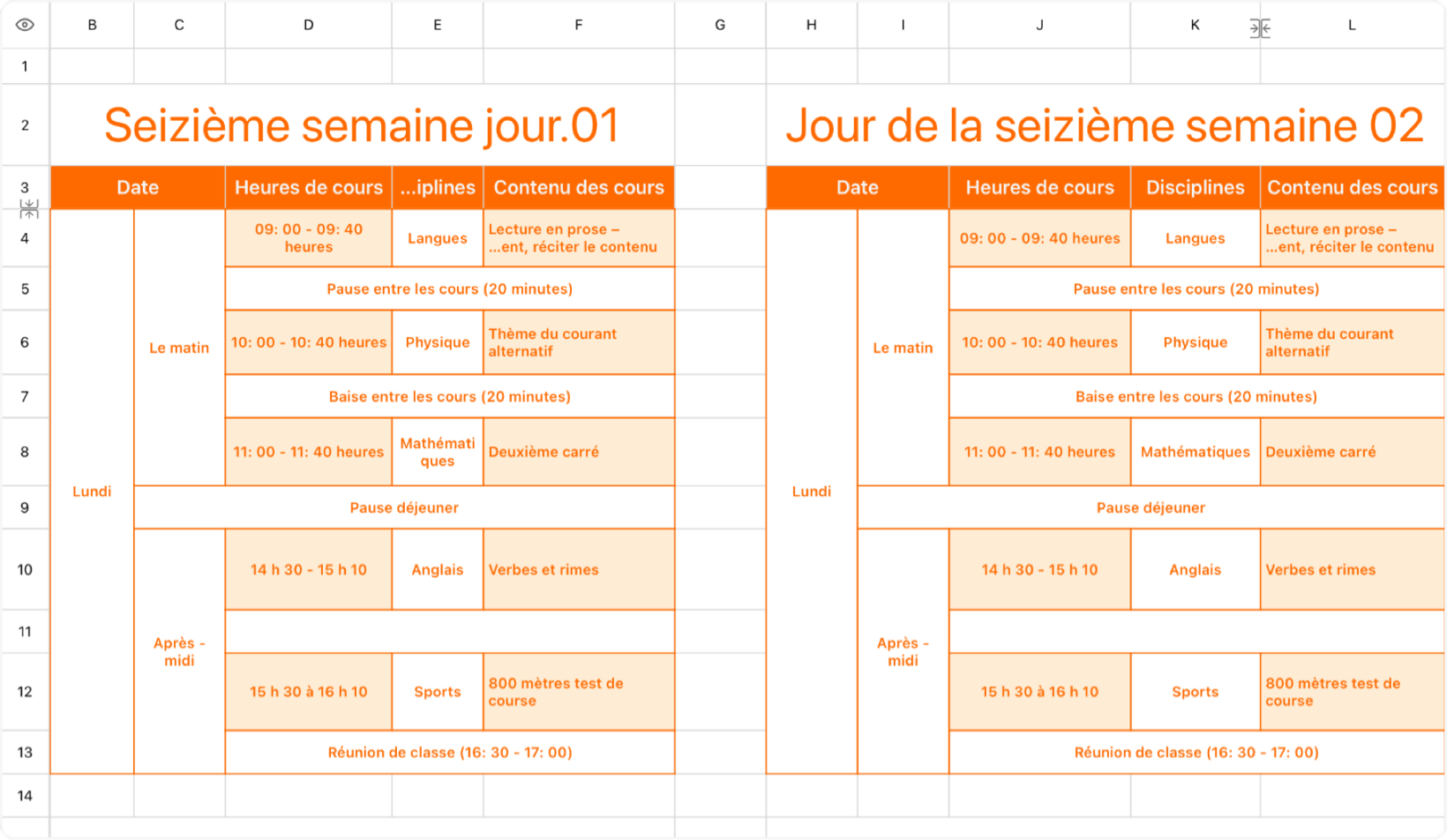 Horaire hebdomadaire des cours
